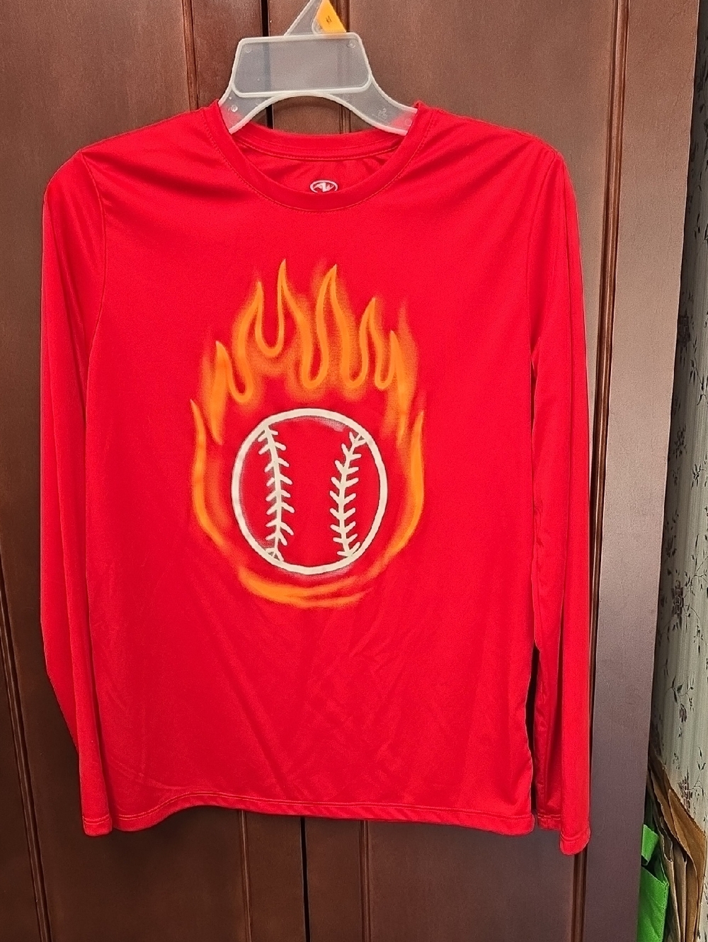Worn Once. Boy'sRed Long-Sleeve Graphic Baseball Rashguard. Size 14/16